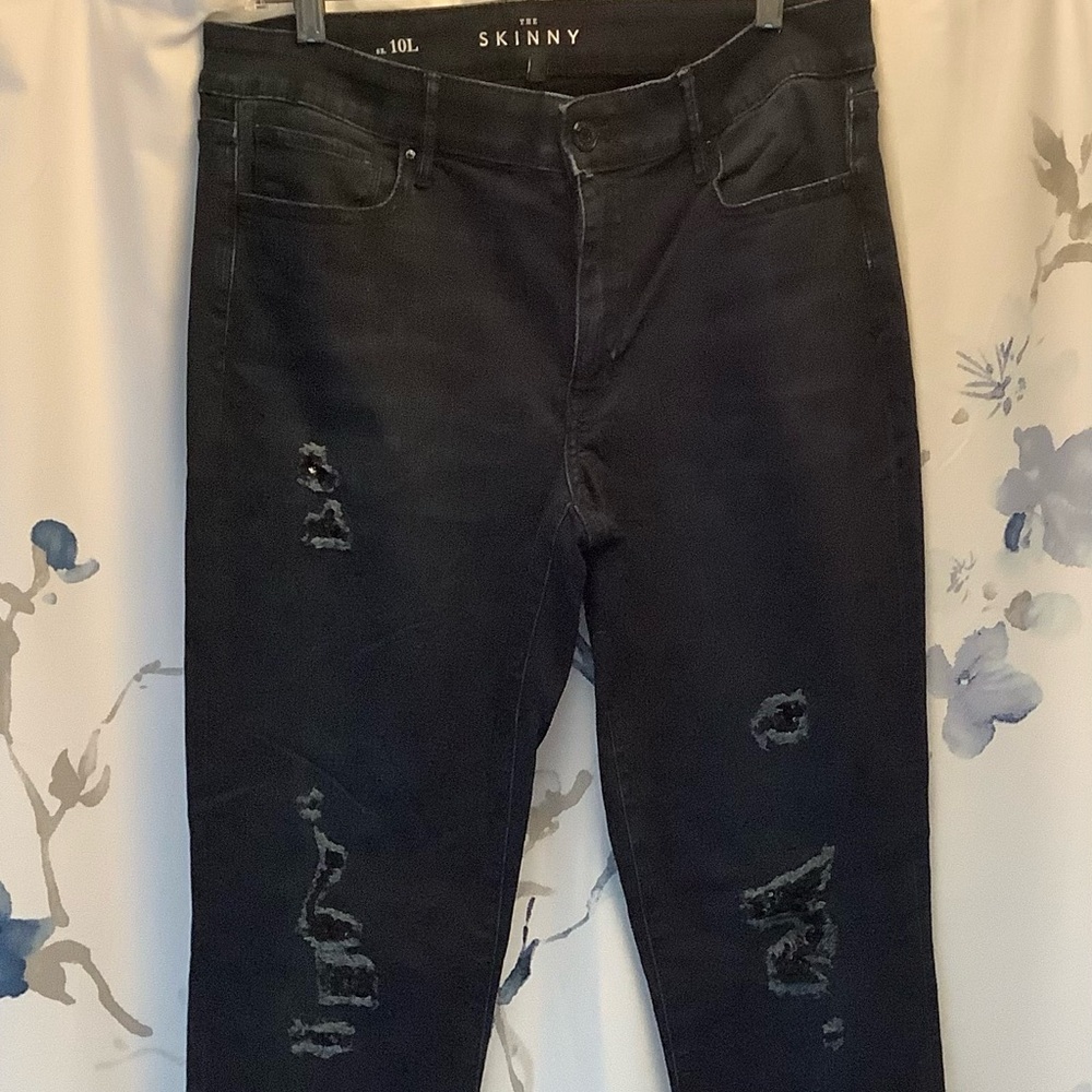 WHBM Dark Blue Sequined Distressed Skinny Jeans